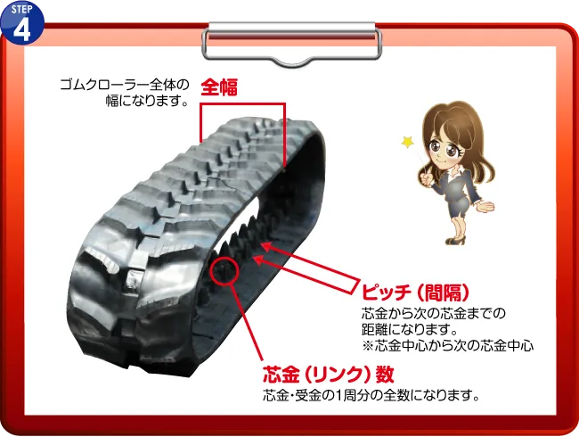 これで、幅（１）×リンク数（２）×ピッチ（３）の実測が完了し現在、装着しているゴムクローラーの実寸法が分かります！
