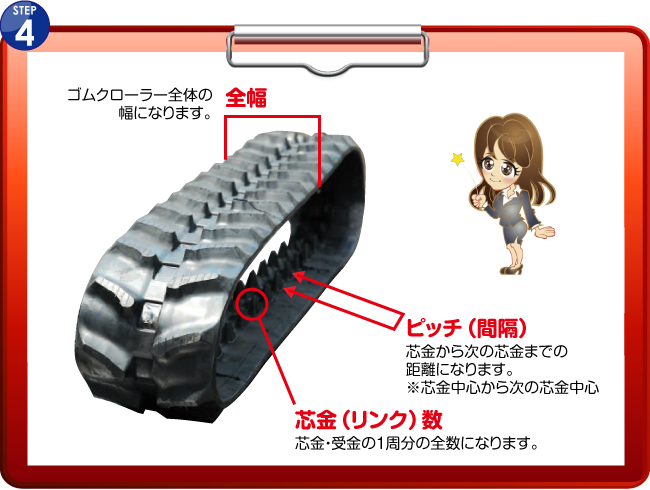 これで、幅（１）×リンク数（２）×ピッチ（３）の実測が完了し現在、装着しているゴムクローラーの実寸法が、分かります！